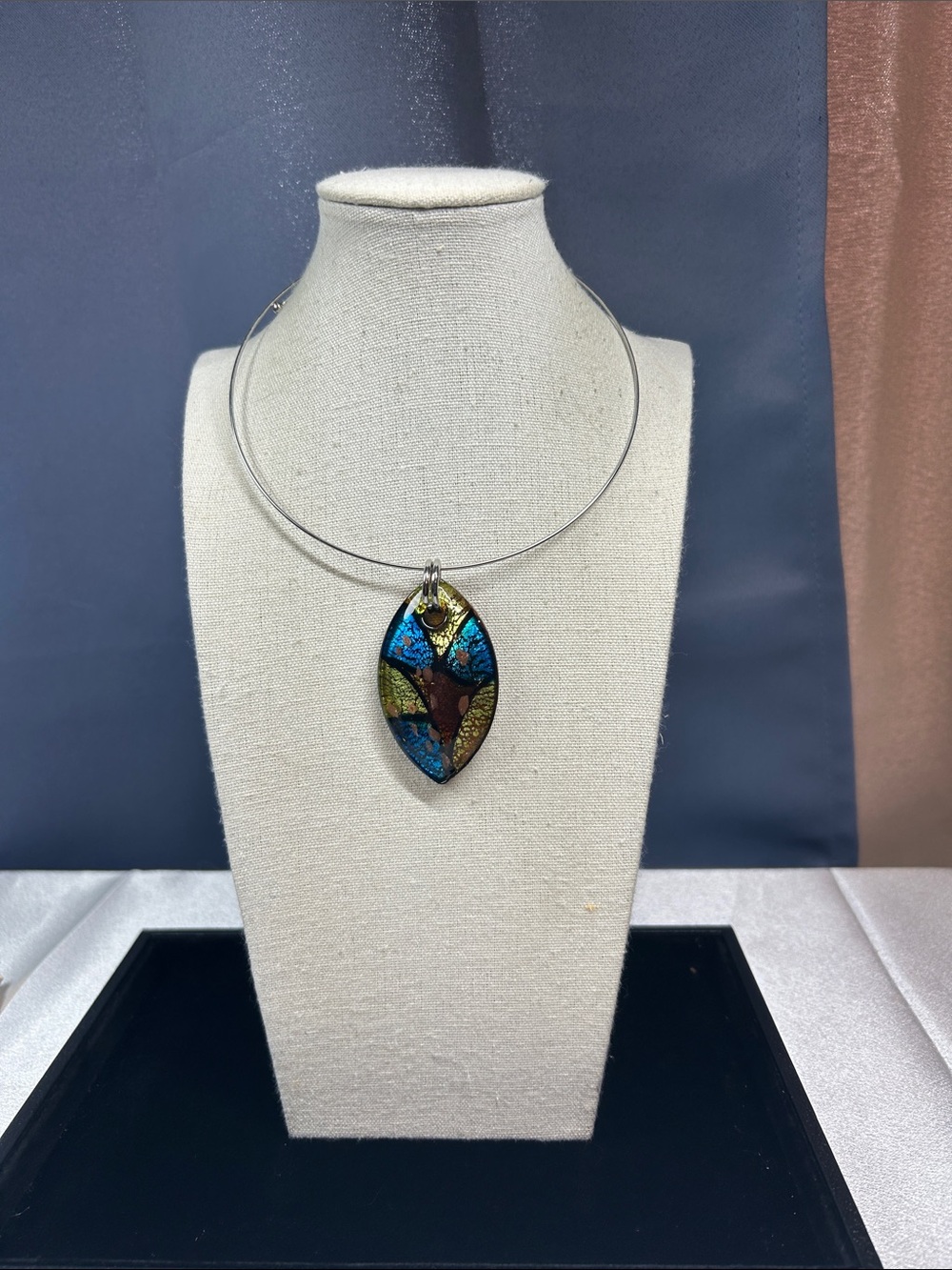 Blue and Gold Glass Pendant Necklace